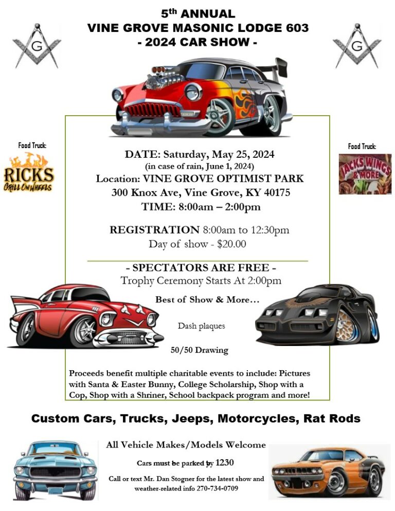 5th ANNUAL VINE GROVE MASONIC LODGE 603 โ 2024 CAR SHOW | Kentucky Cruises